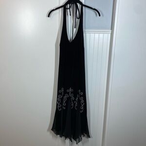 SL Fashions‎ Black Velvet Plunge Neck Halter Whimsigoth Midi Asymmetrical Dress